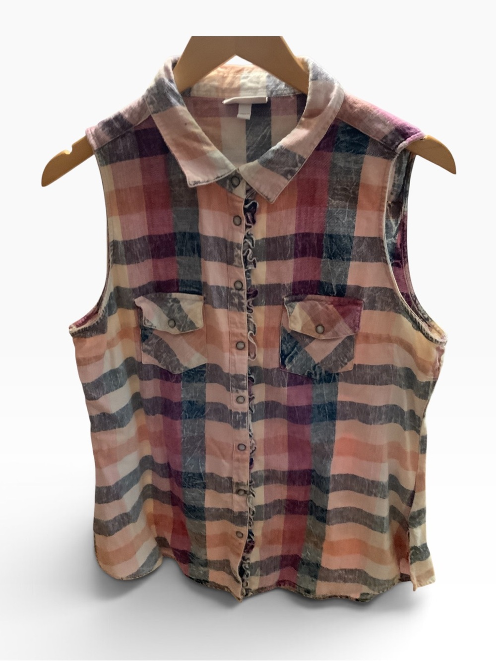 Shyanne Womens Sleeveless Plaid Button-Down Ruffle Top Size Large
